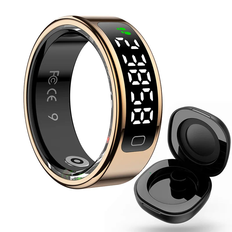 Smart ring with digital display and charging case on a white background