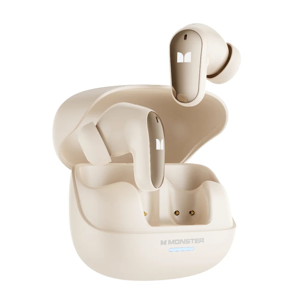 Beige wireless earbuds with charging case on a white background