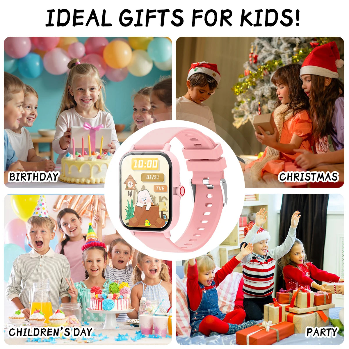 Collage of children at various events with a pink smartwatch in the center, labeled 'Ideal Gifts for Kids'.