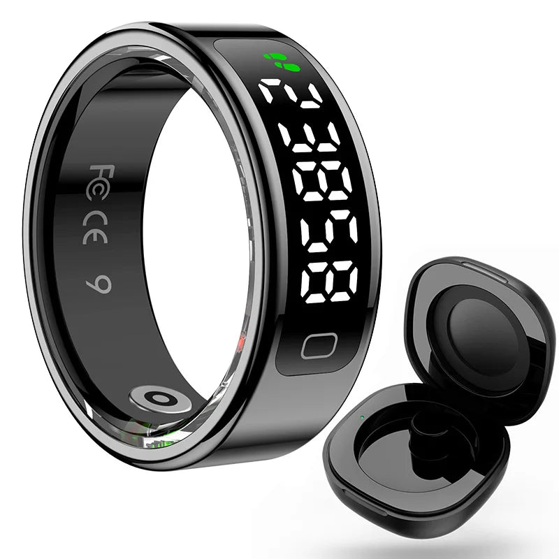 Black digital ring with a small open case on a white background