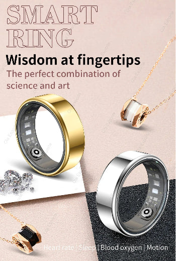 Smart ring with gold and silver options on a neutral background, featuring text about its features.
