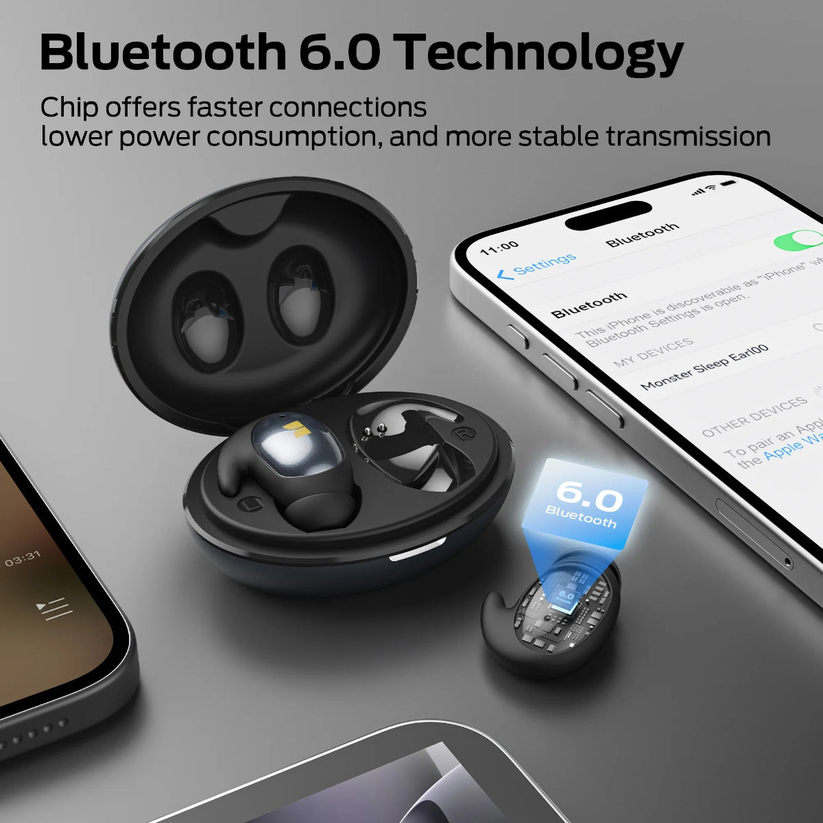 True wireless earbuds with charging case and smartphone displaying Bluetooth 6.0 connection.