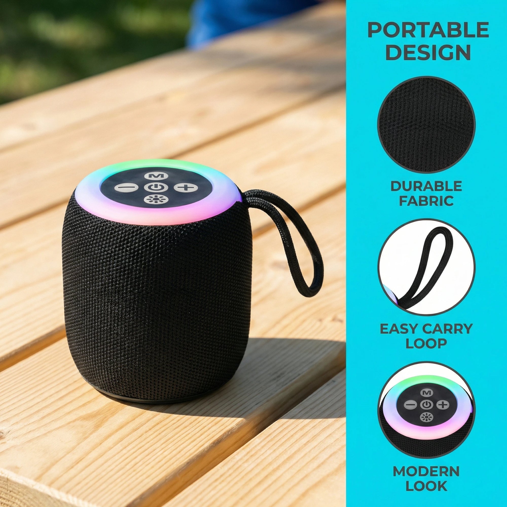 Black portable speaker on a wooden surface with features listed on the right.