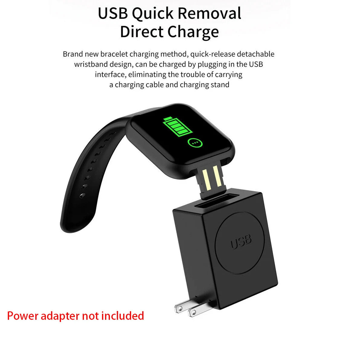 Black smartwatch with USB charging cable on a white background