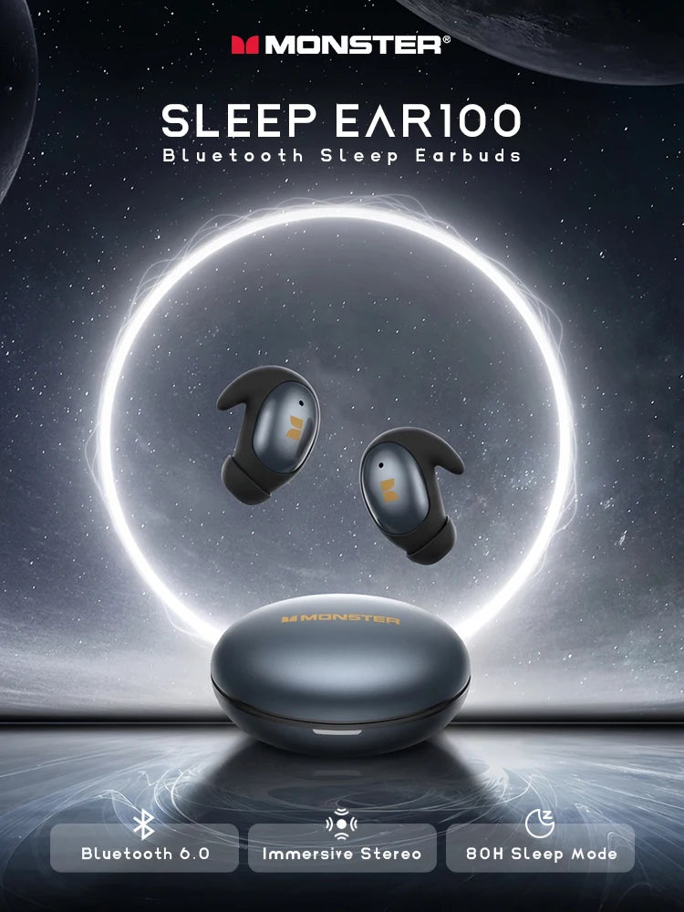 Monster Sleep Ear100 Bluetooth sleep earbuds with charging case on a dark space-themed background.