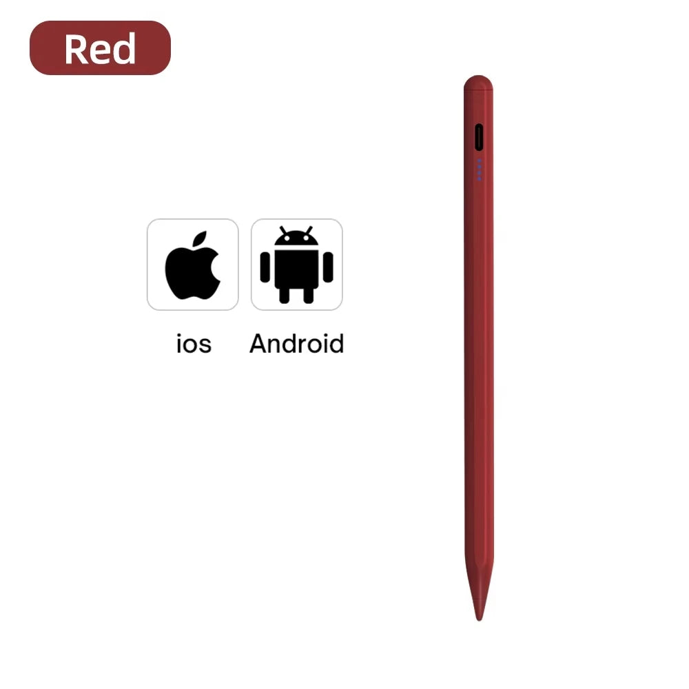 Red stylus pen with iOS and Android compatibility icons on a white background