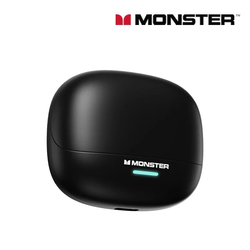 Black wireless earbuds case with Monster logo on a white background