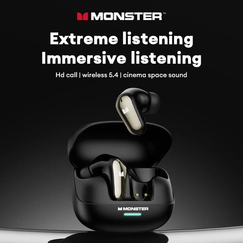 Black wireless earbuds with charging case on a black background, featuring Monster branding.