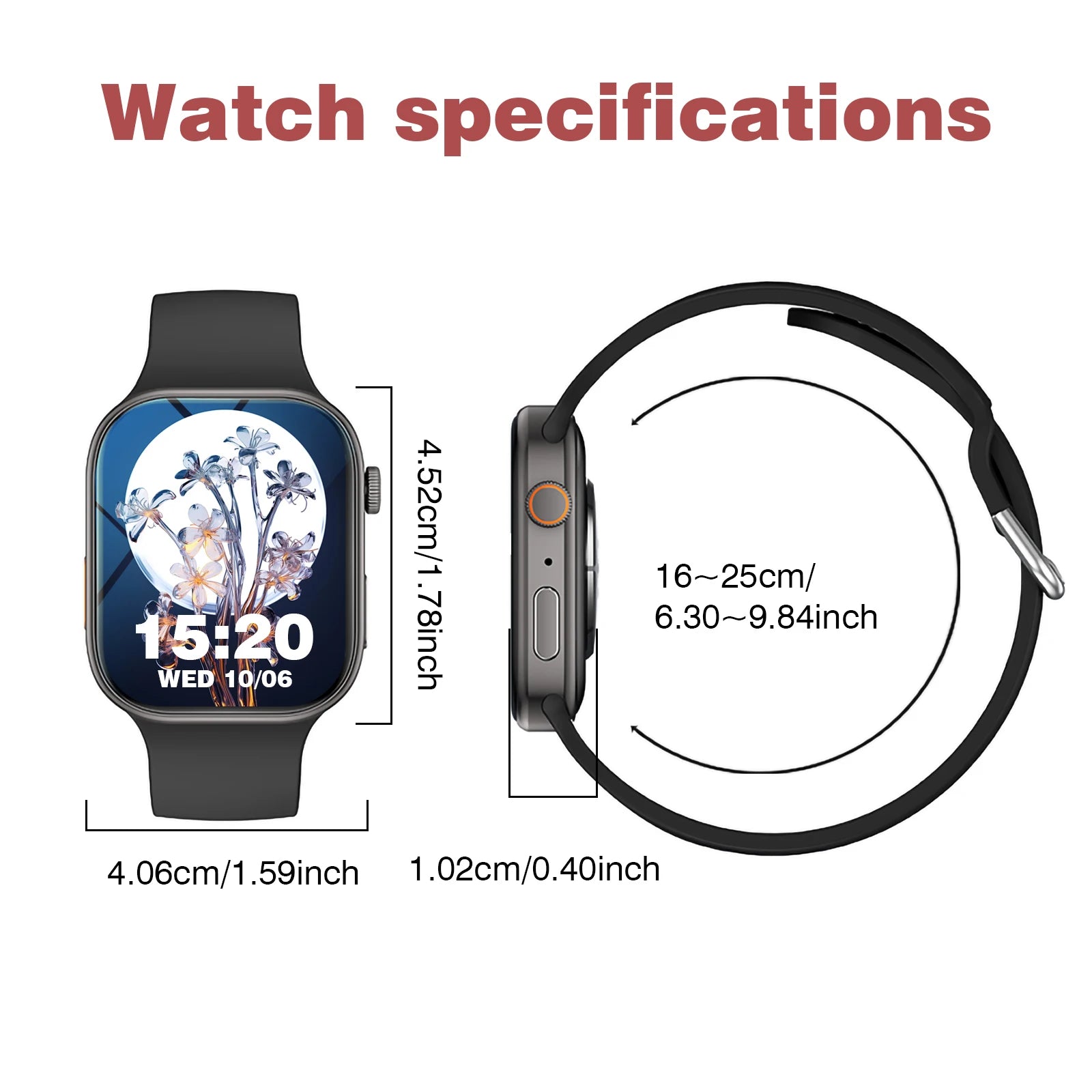 Smartwatch with dimensions labeled on a white background