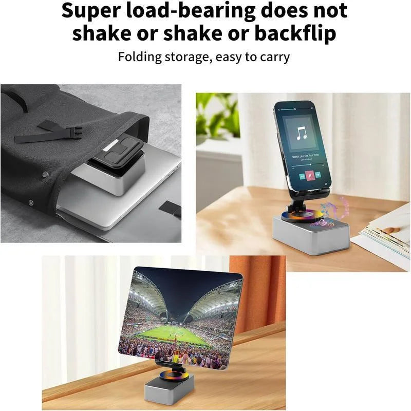 Product display with text highlighting stability and portability, featuring a phone stand and tablet stand on a table.