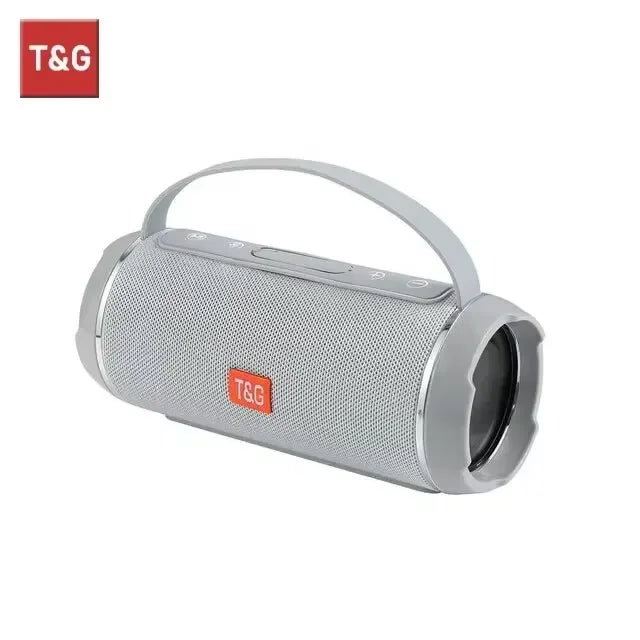 Gray portable speaker with T&G logo on a white background