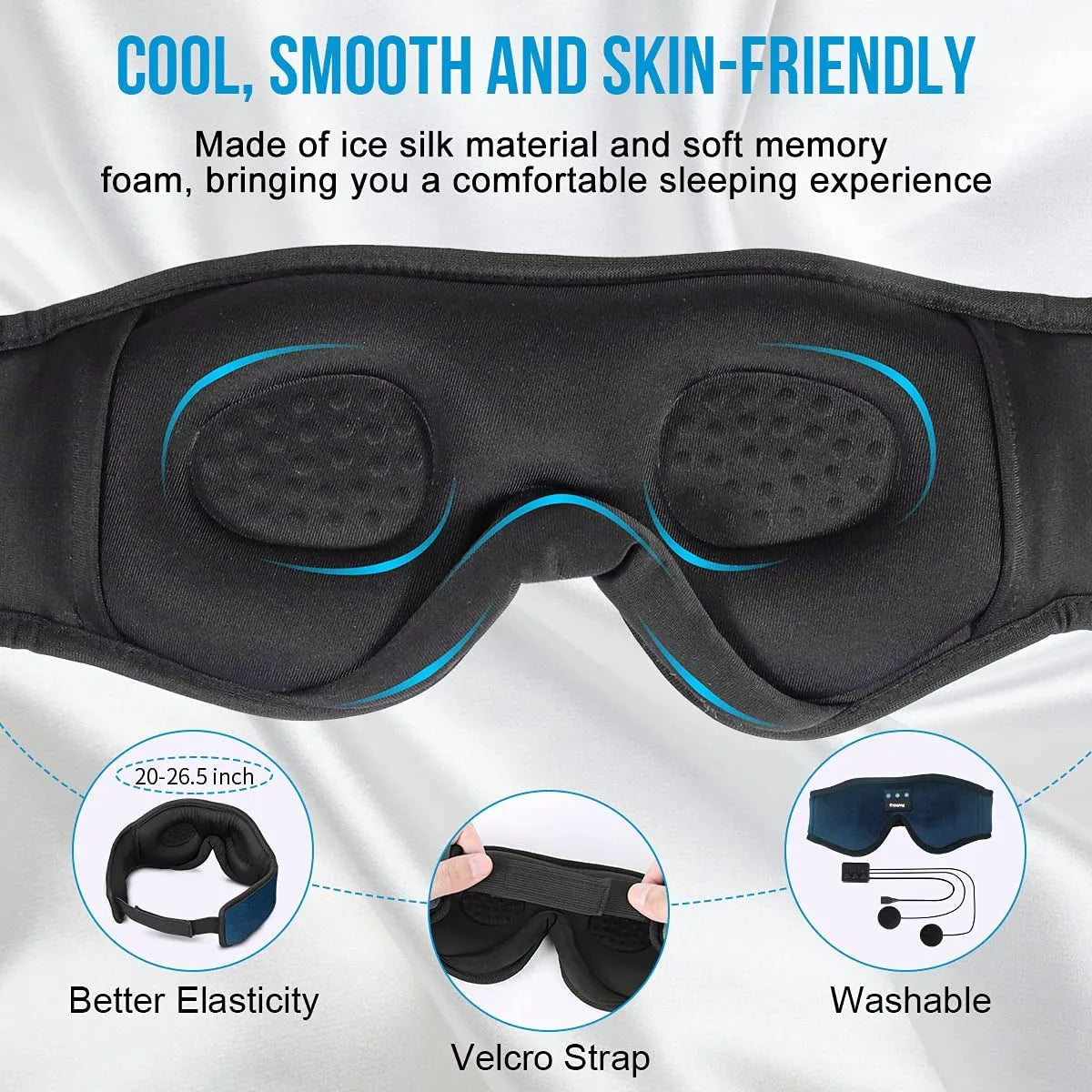 Black sleep mask with ice silk material and soft memory foam on a white background