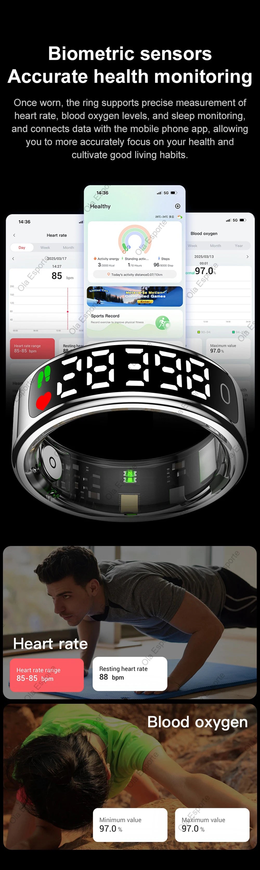 Smartwatch with biometric sensors for health monitoring displayed on a smartphone app interface.