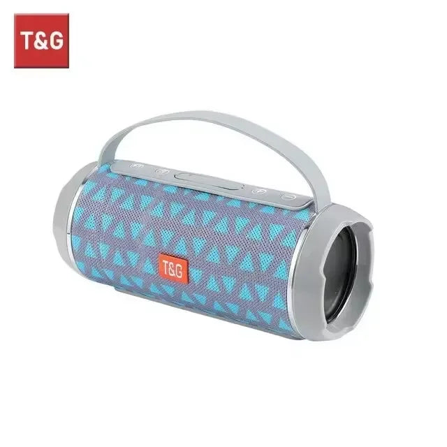 Portable speaker with blue pattern and T&G branding on a white background