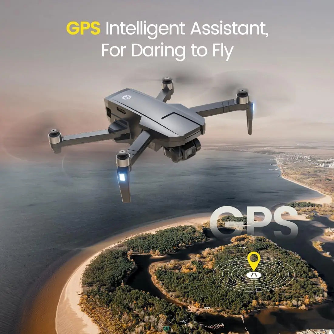 Drone flying over a coastal landscape with 'GPS Intelligent Assistant' text.