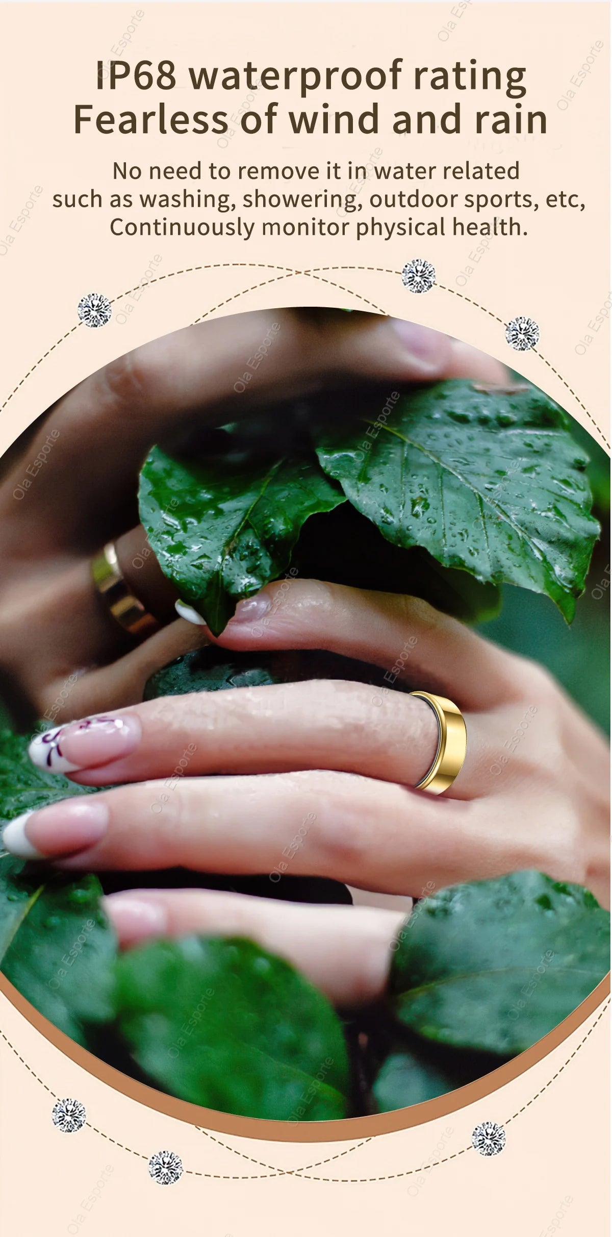 Hands holding green leaves with a focus on health and wellness, featuring text about IP68 rating and weather resistance.