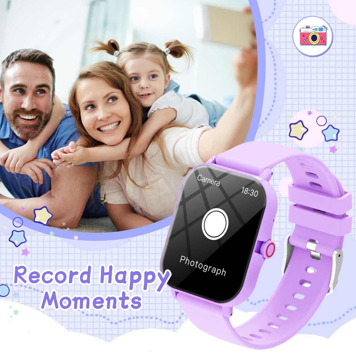 Smartwatch with a purple band on a white background, featuring a family photo and text 'Record Happy Moments'.