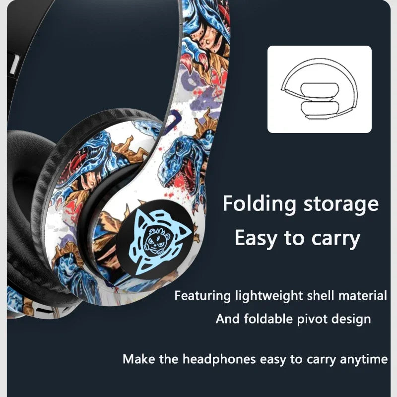 Colorful headphones with a folding storage feature on a dark background