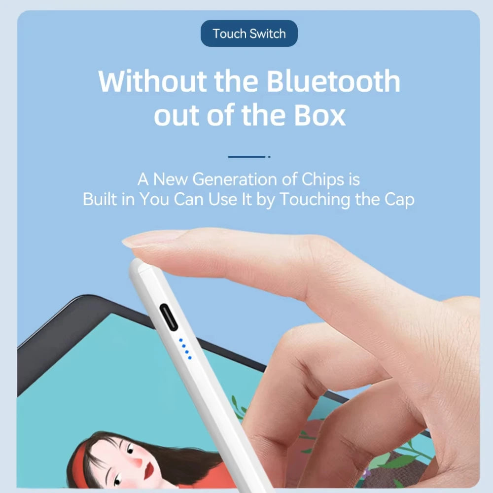 Hand holding a white electronic device with text about Bluetooth and touch switch technology on a blue background.