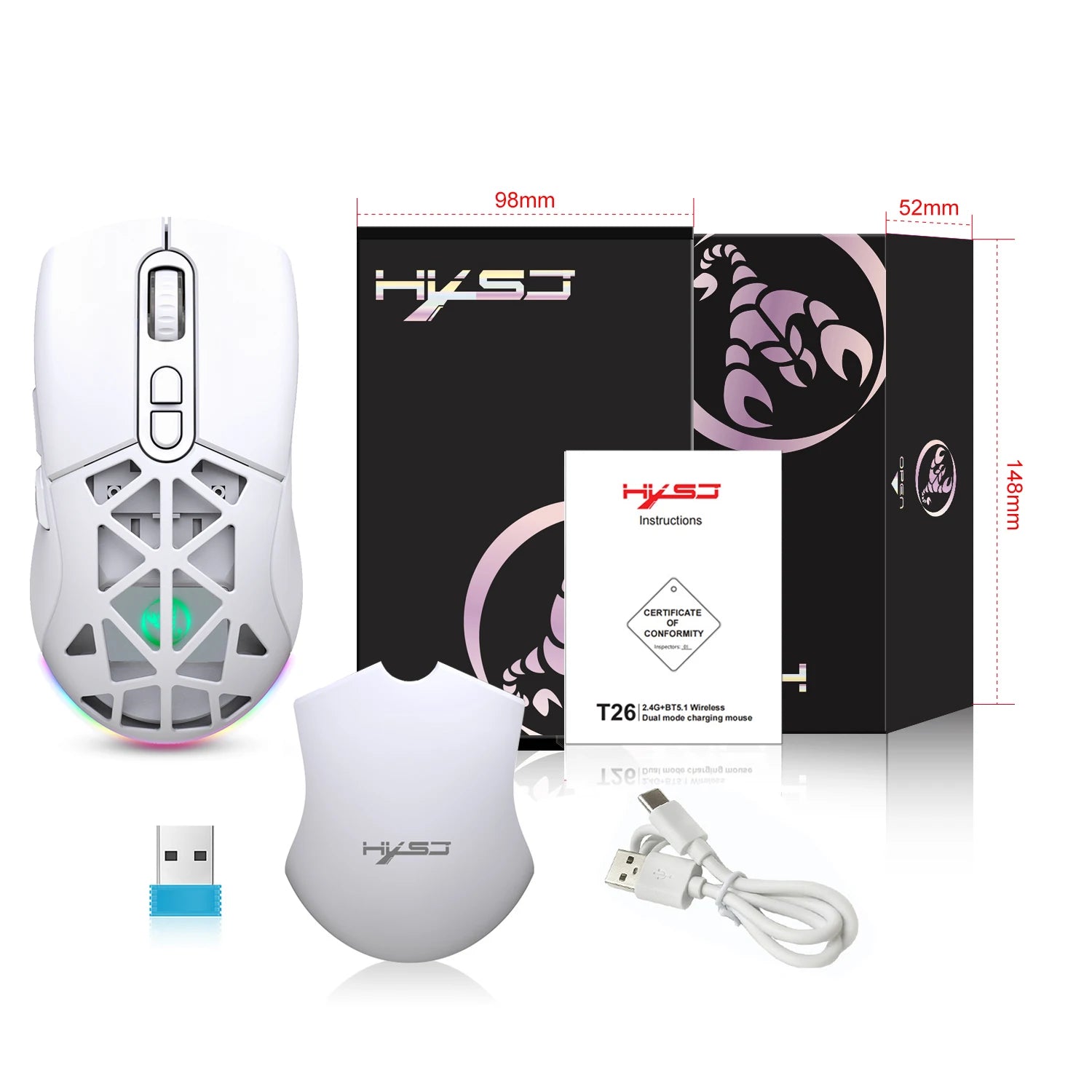 Gaming mouse with packaging, USB cable, and certification card on a white background