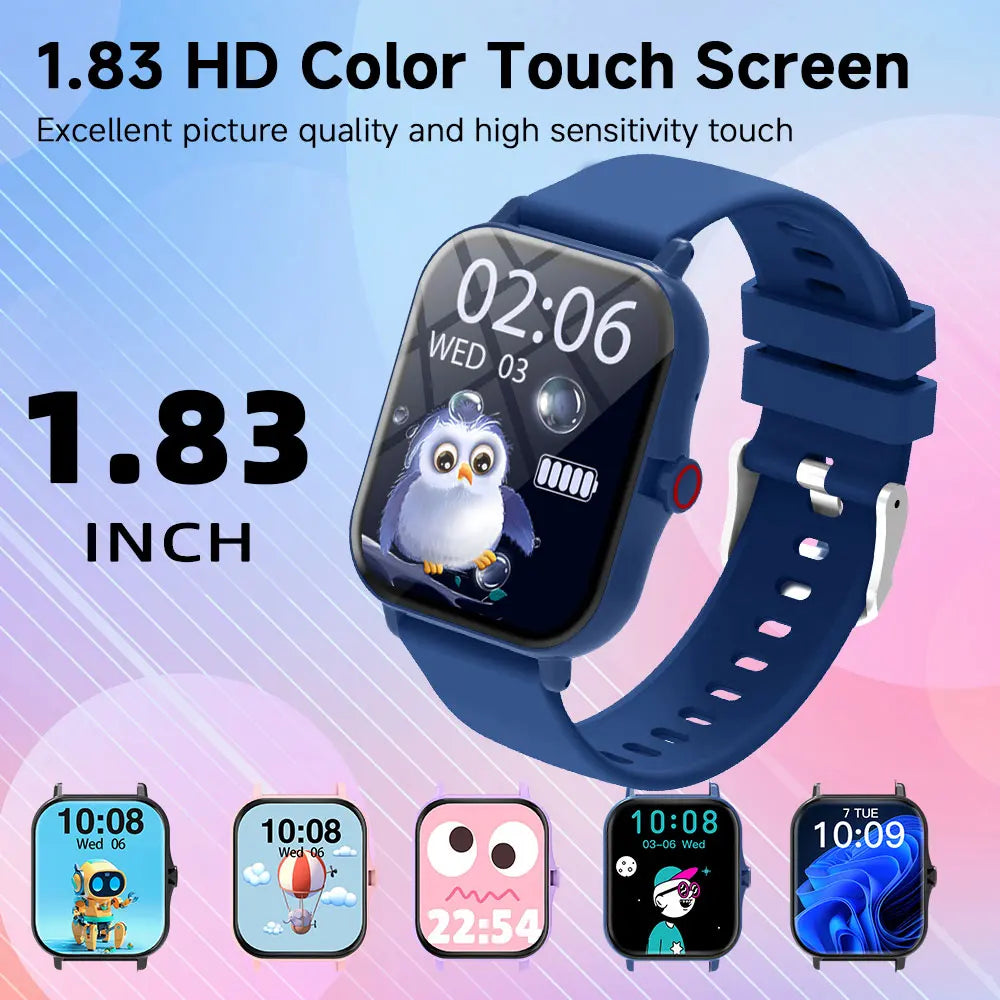 Smartwatch with a 1.83-inch color touch screen on a colorful gradient background