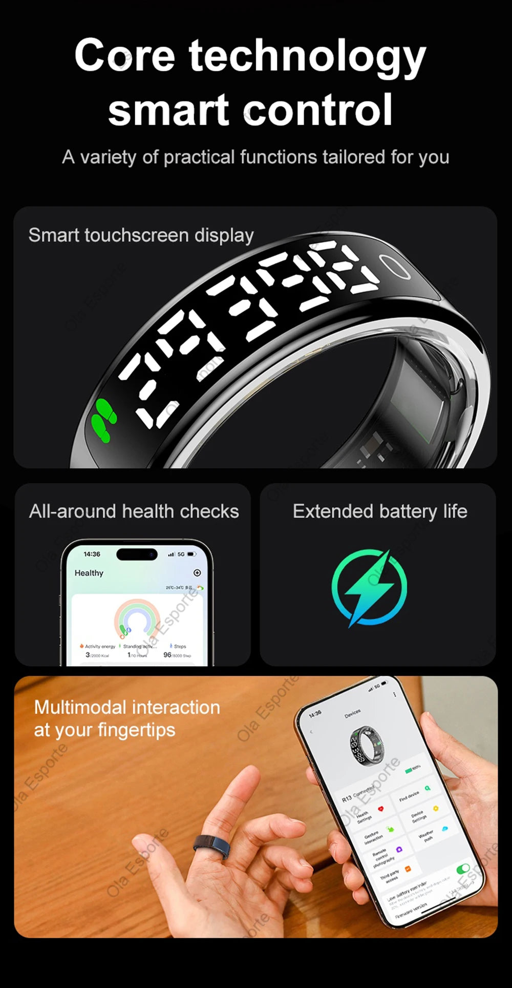 Smartwatch with touchscreen display, health check app, and extended battery life on a dark background