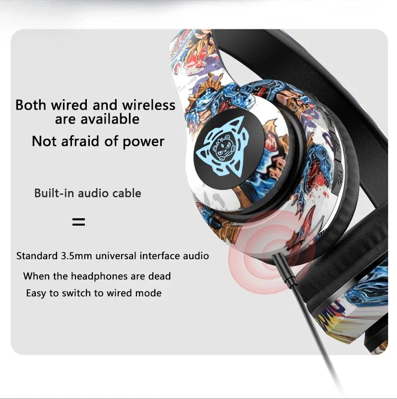 Colorful gaming headset with text describing features on a gray background