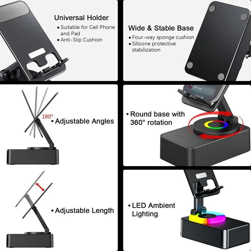 Multifunctional phone holder with various features highlighted on a white background