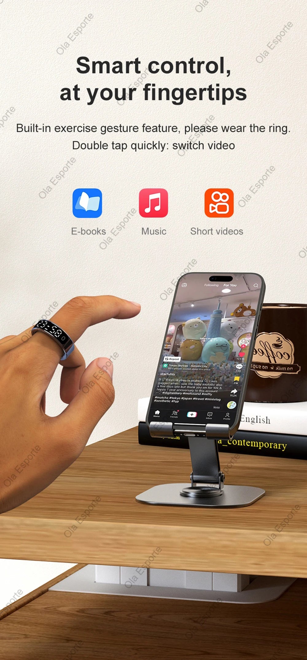 Smart ring control with smartphone on a stand, showing app icons and text.