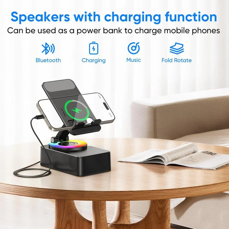 Phone charging station with Bluetooth, charging, music, and fold rotate features on a table.