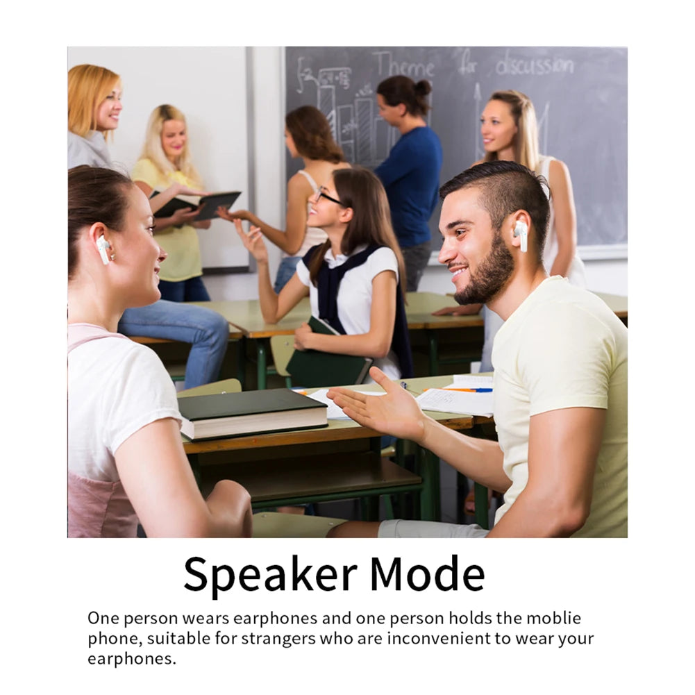 Classroom setting with students wearing earphones and using mobile phones, labeled 'Speaker Mode'.