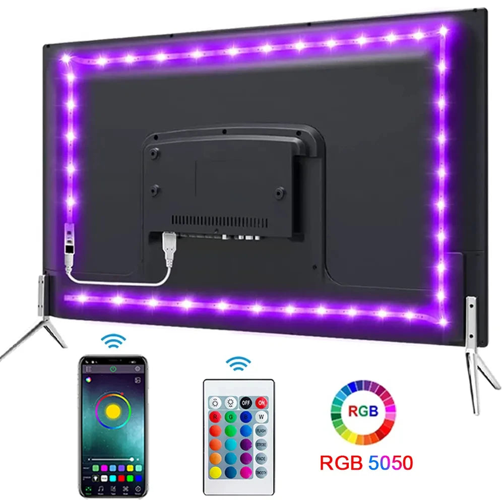 TV with RGB LED strip lighting, smartphone app control, and remote control displayed.