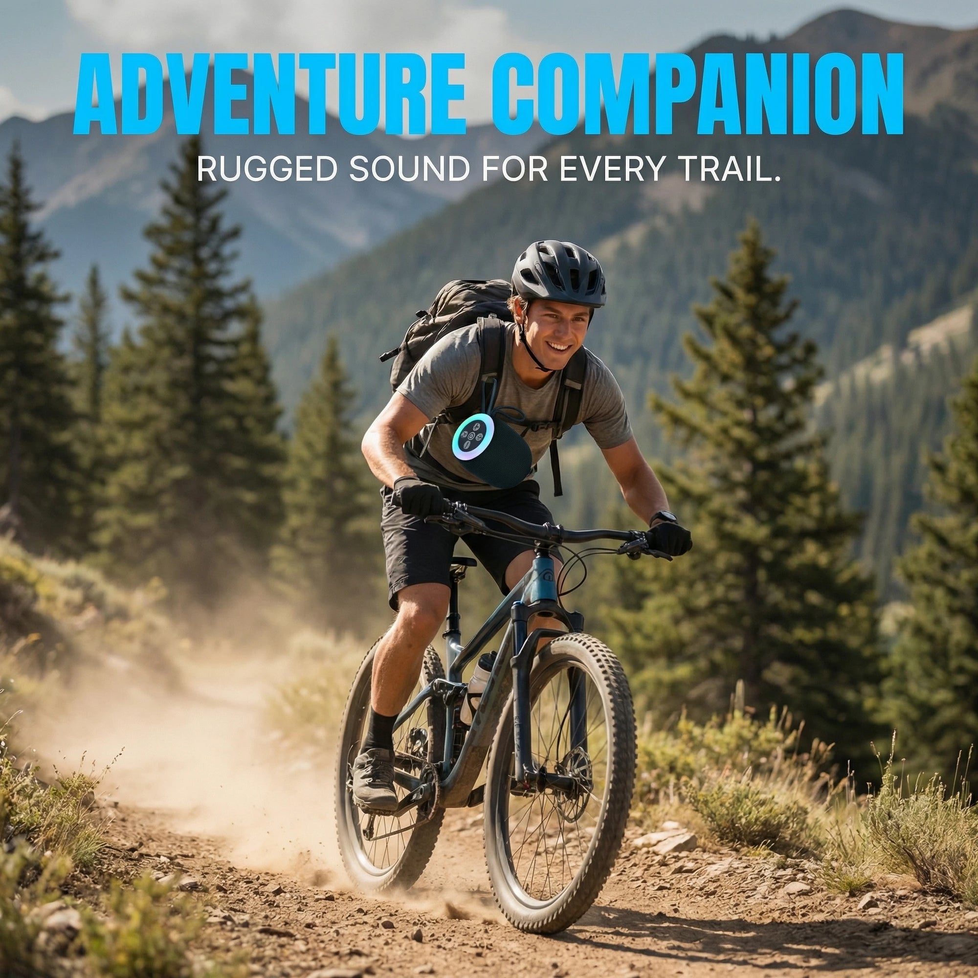 Person riding a mountain bike on a trail with mountains and trees in the background, promotional text overlay.