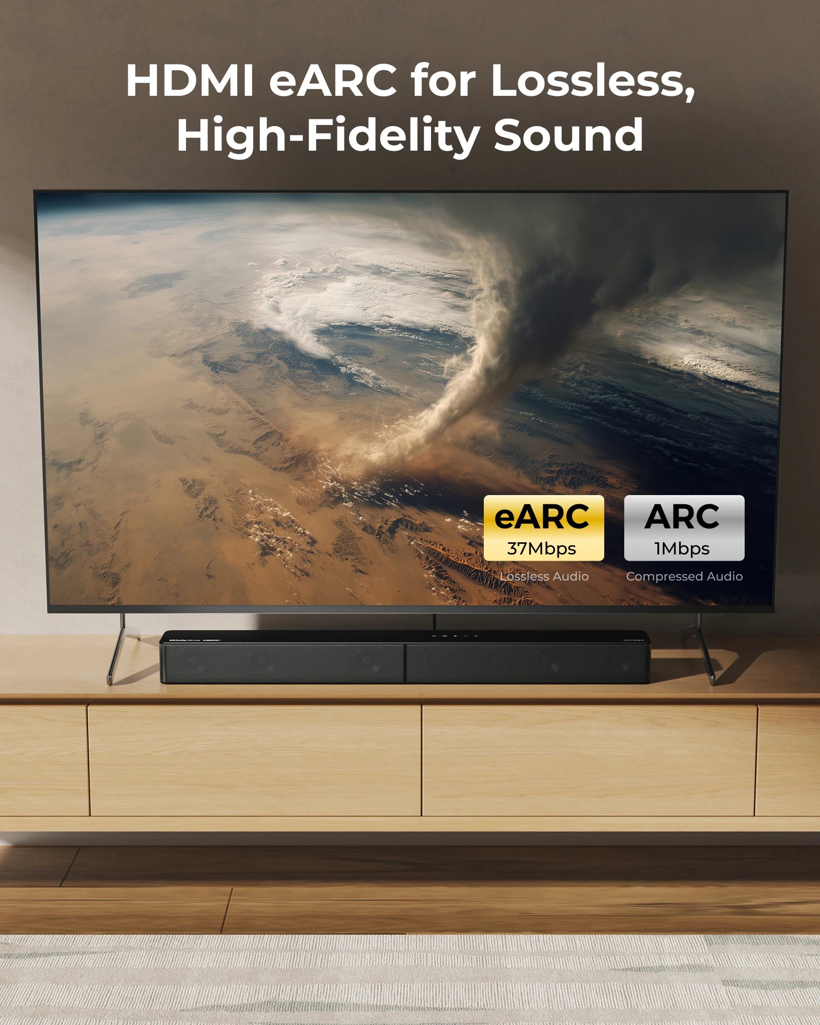 Television with soundbar displaying HDMI eARC and ARC technology on a home entertainment setup.