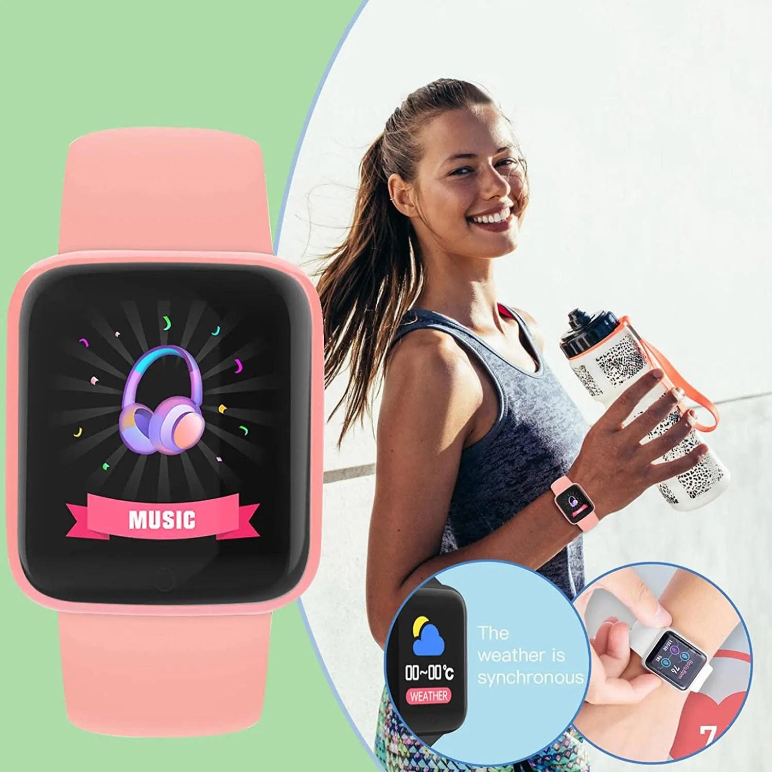 Smartwatch with pink band displaying music app on screen, next to a woman exercising outdoors.