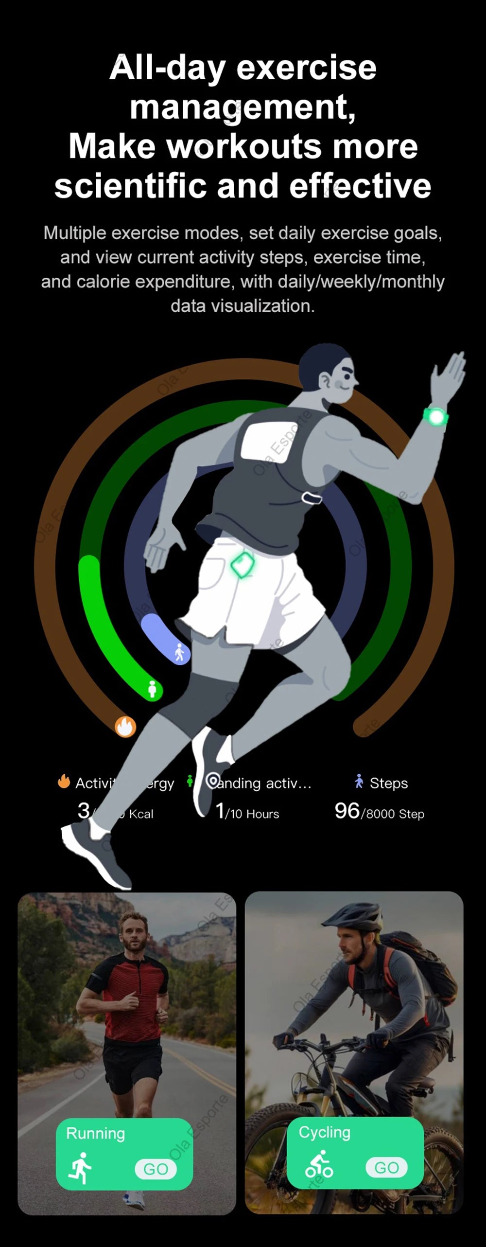 Fitness app interface with exercise tracking features on a dark background