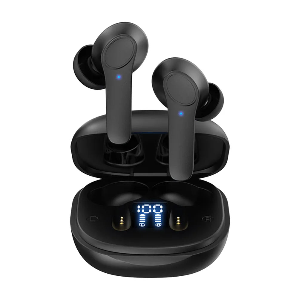 Black wireless earbuds with charging case on a white background