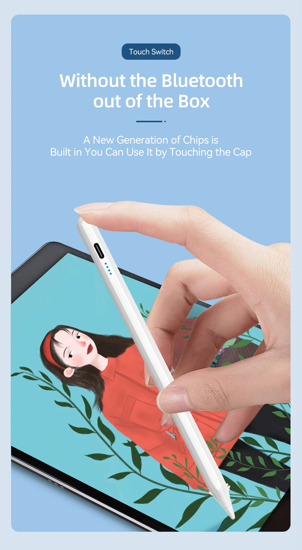 Hand holding a white stylus near a tablet with an illustration of a woman on the screen, against a blue background with text about Touch Switch technology.