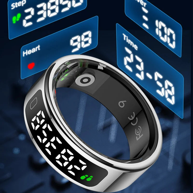 Digital fitness tracker with heart rate and time display on a blue background