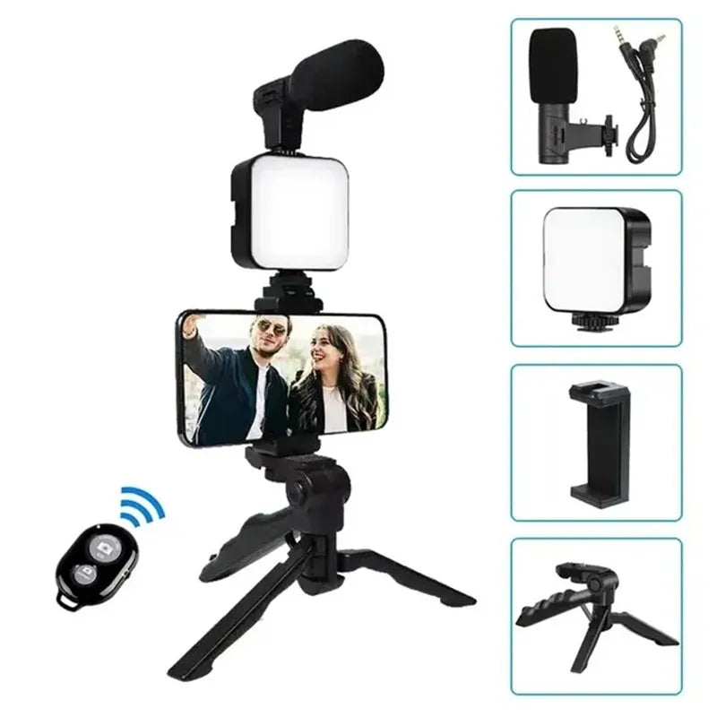 Phone camera setup with microphone, light, and remote control on a white background