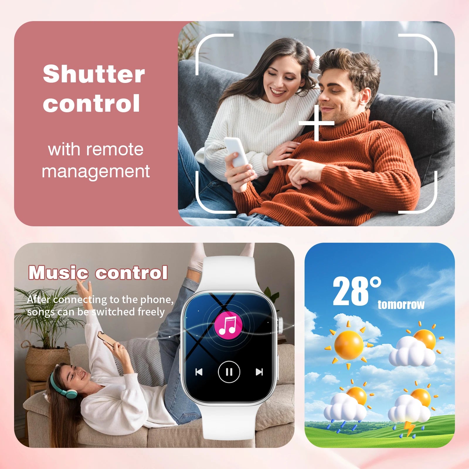 Collage of a couple using a smartphone, a smartwatch with music control, and a weather forecast.