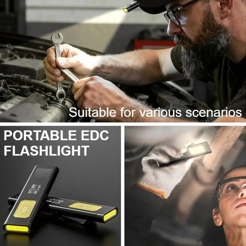 Mechanic working on a car with a portable EDC flashlight shown for context.