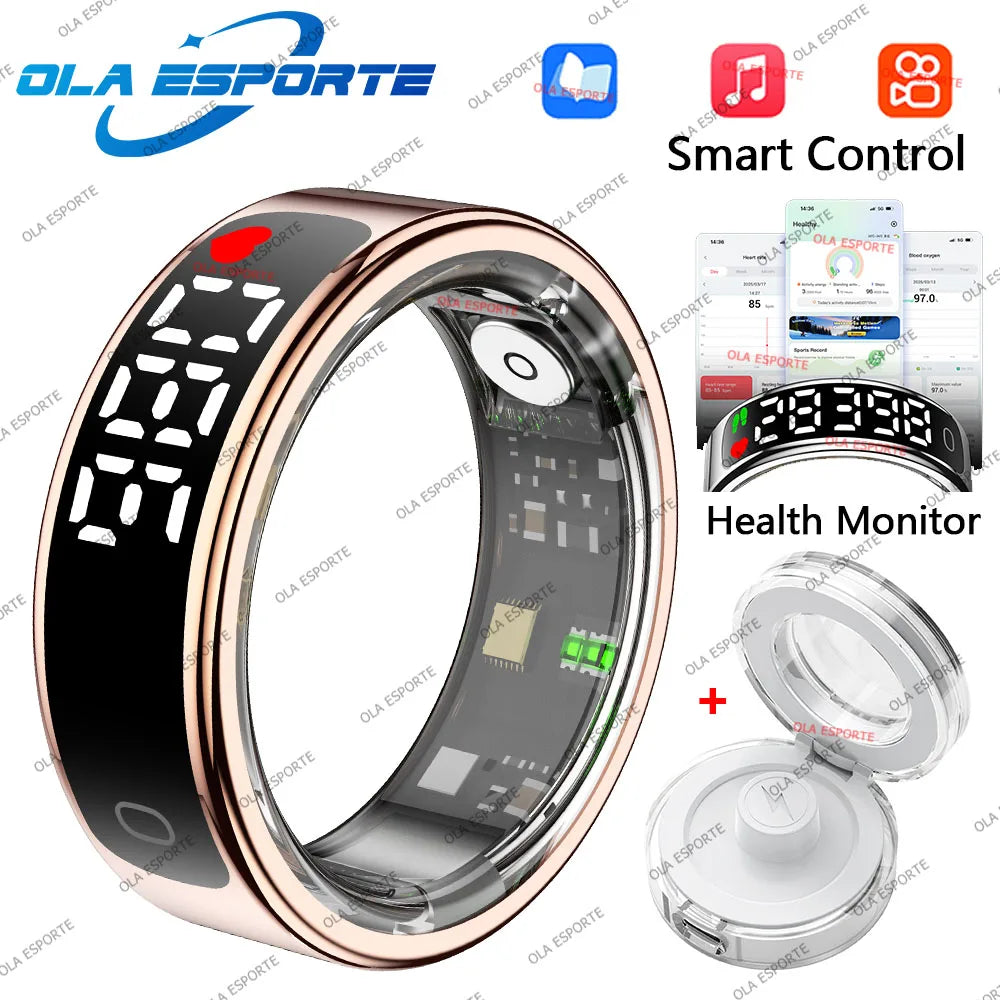 Smart ring with digital display and features like health monitor and smart control on a white background.