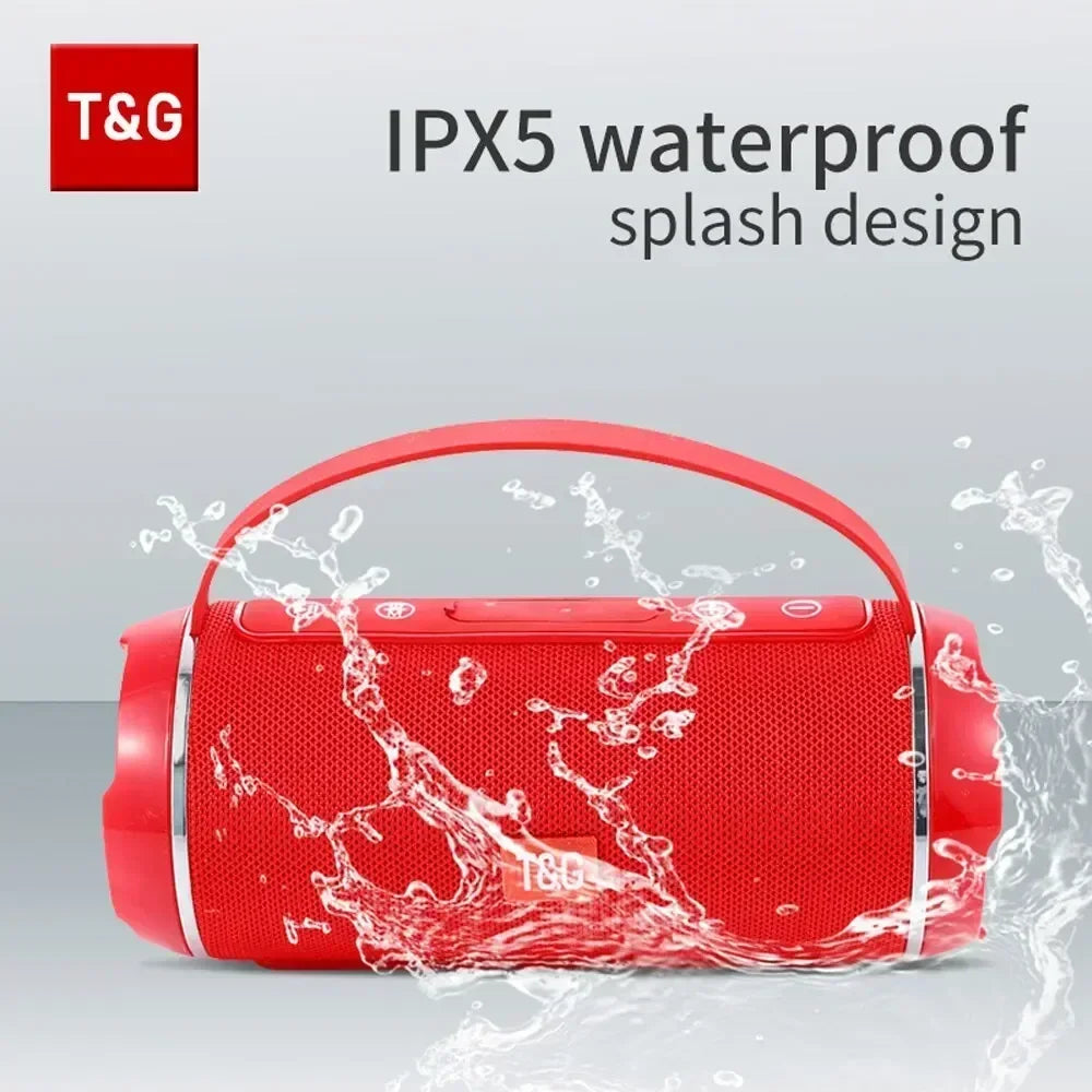 Red portable speaker with water splashes, T&G logo, and IPX5 text on a gray background