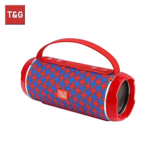 Red and blue patterned portable speaker with T&G branding on a white background