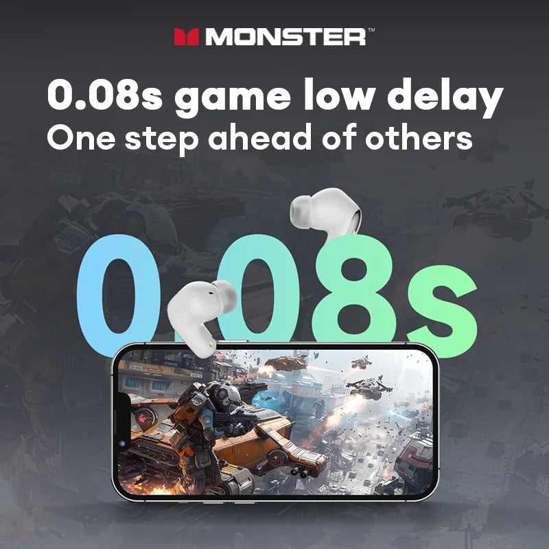 Gaming headset with smartphone displaying game on screen, Monster logo visible