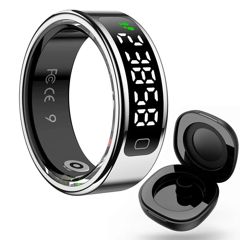 Smart ring with digital display and charging case on a white background