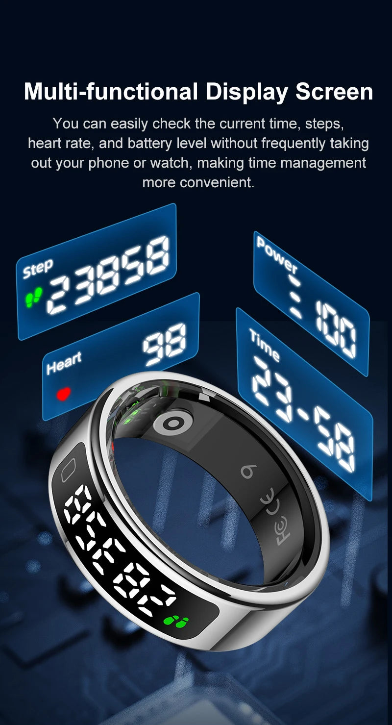 Smart ring with digital display showing step count, heart rate, and time on a dark background.
