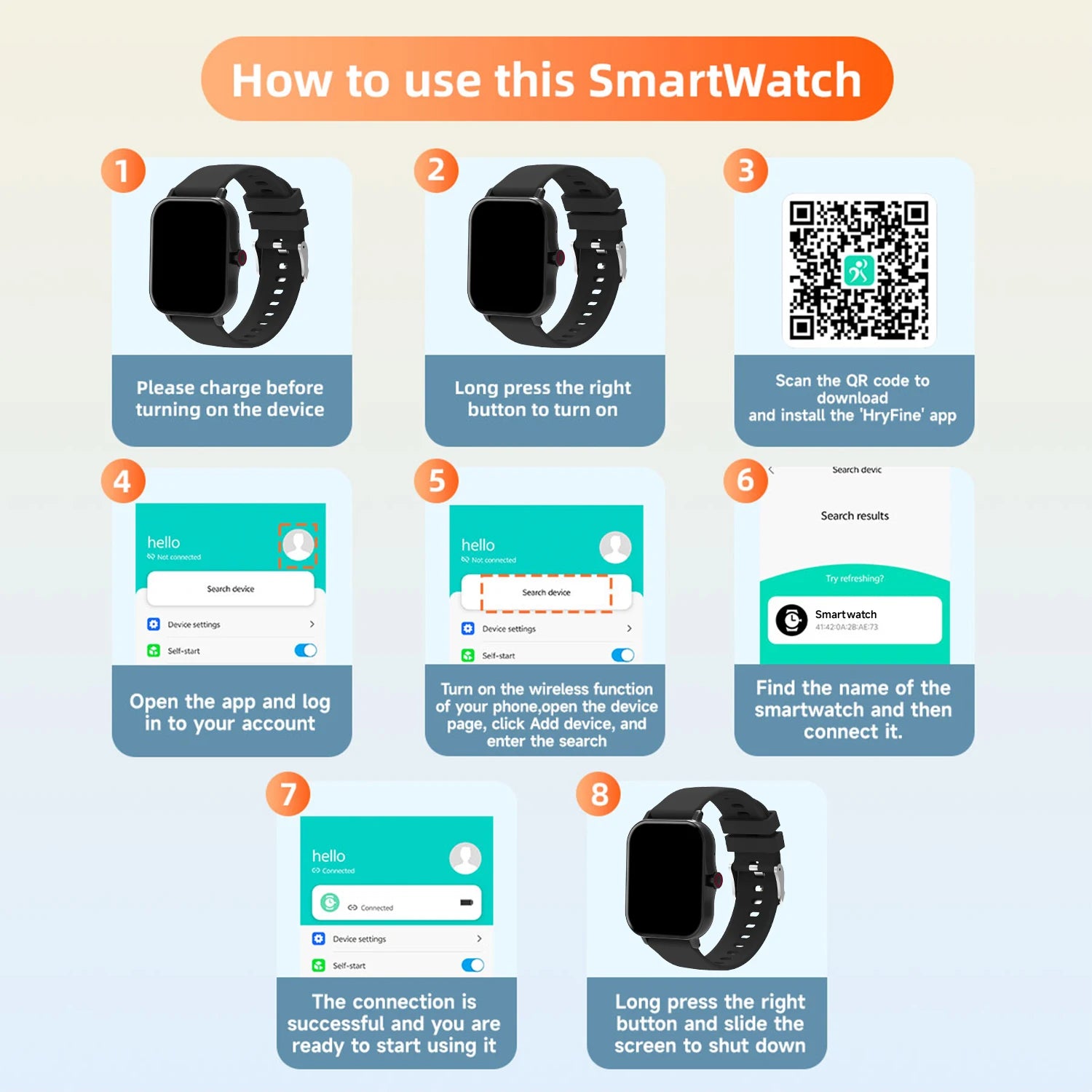 Step-by-step guide on how to use a smartwatch with visual icons and text.