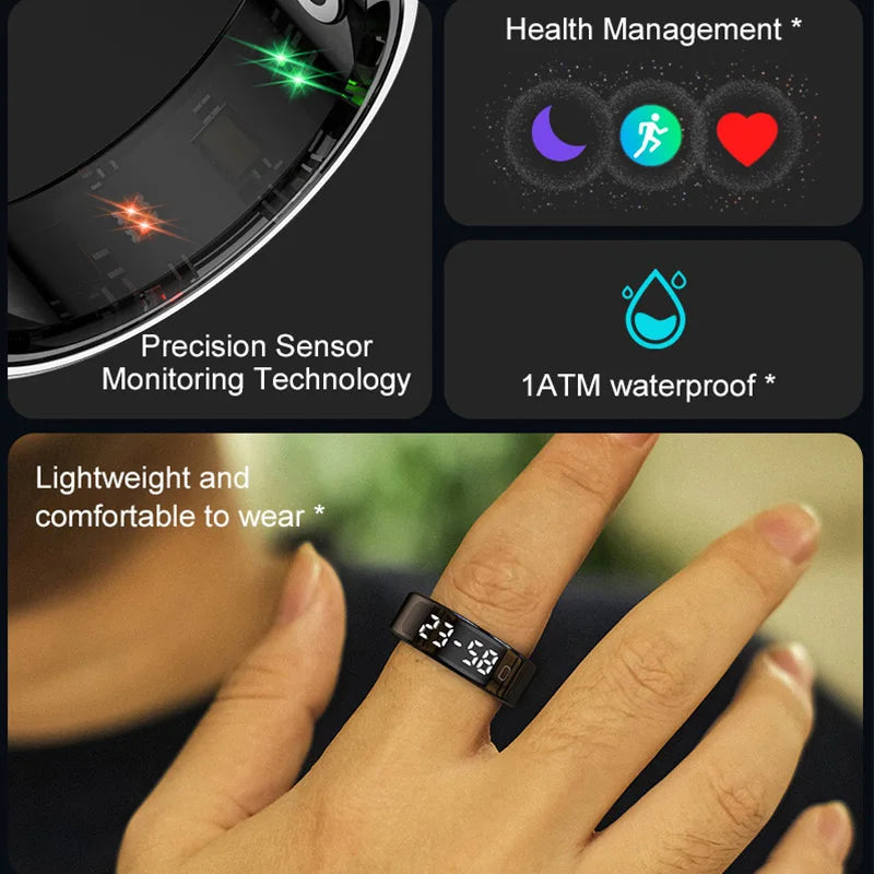 Smart ring with digital display on a finger, surrounded by text about health management, sensor technology, and features.
